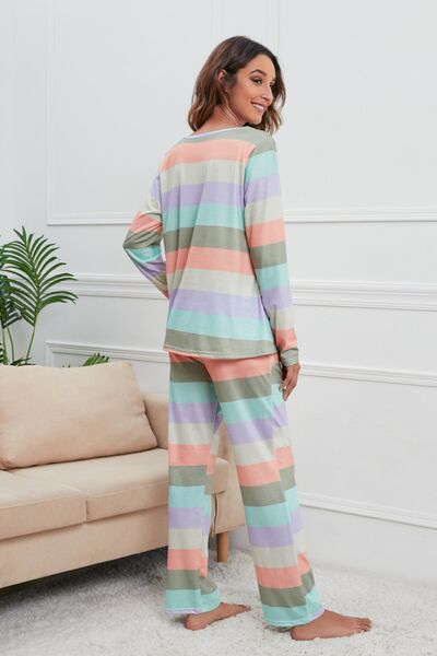 Striped Round Neck Long Sleeve Top and Drawstring Pants Lounge Set Shop One Place