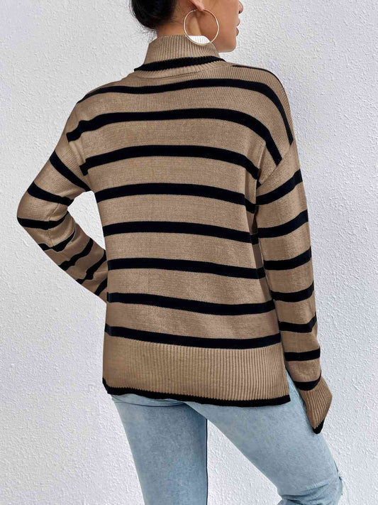 Striped Turtleneck Drop Shoulder Sweater Shop One Place