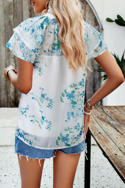 Printed Ruffled Mock Neck Blouse Shop One Place