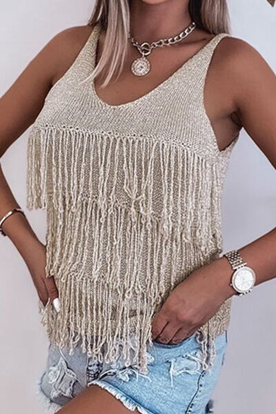 Fringe V-Neck Knit Tank Shop One Place