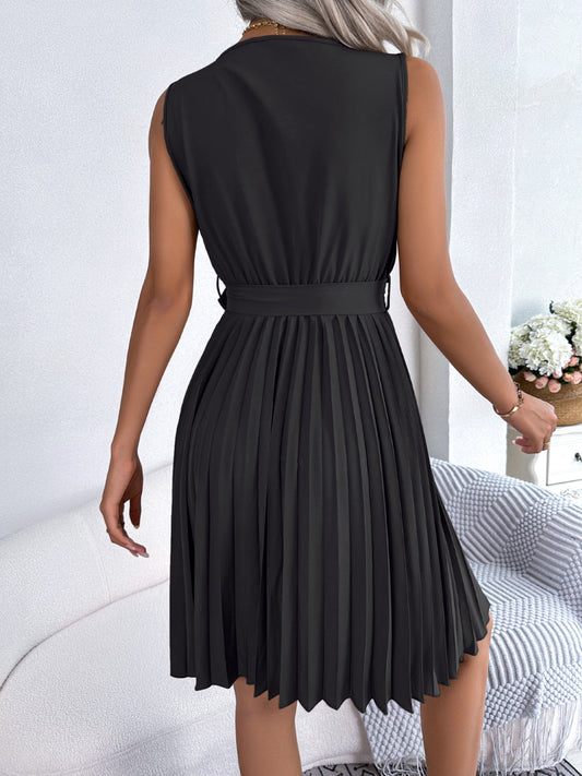Tied Surplice Sleeveless Pleated Dress Shop One Place