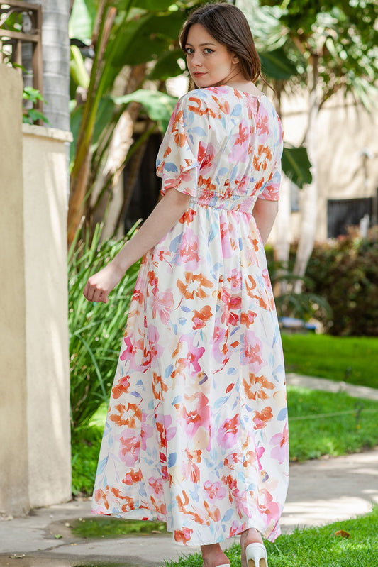 Floral Deep V Slit Maxi Dress Shop One Place