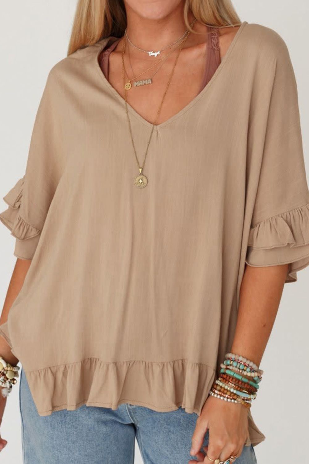 Ruffled V-Neck Half Sleeve Blouse Shop One Place