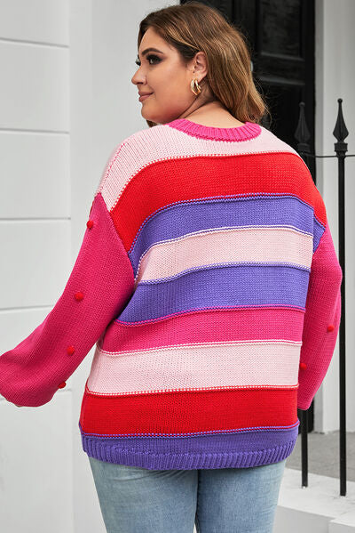 Plus Size Color Block Pom-Pom Trim Sweater Shop One Place