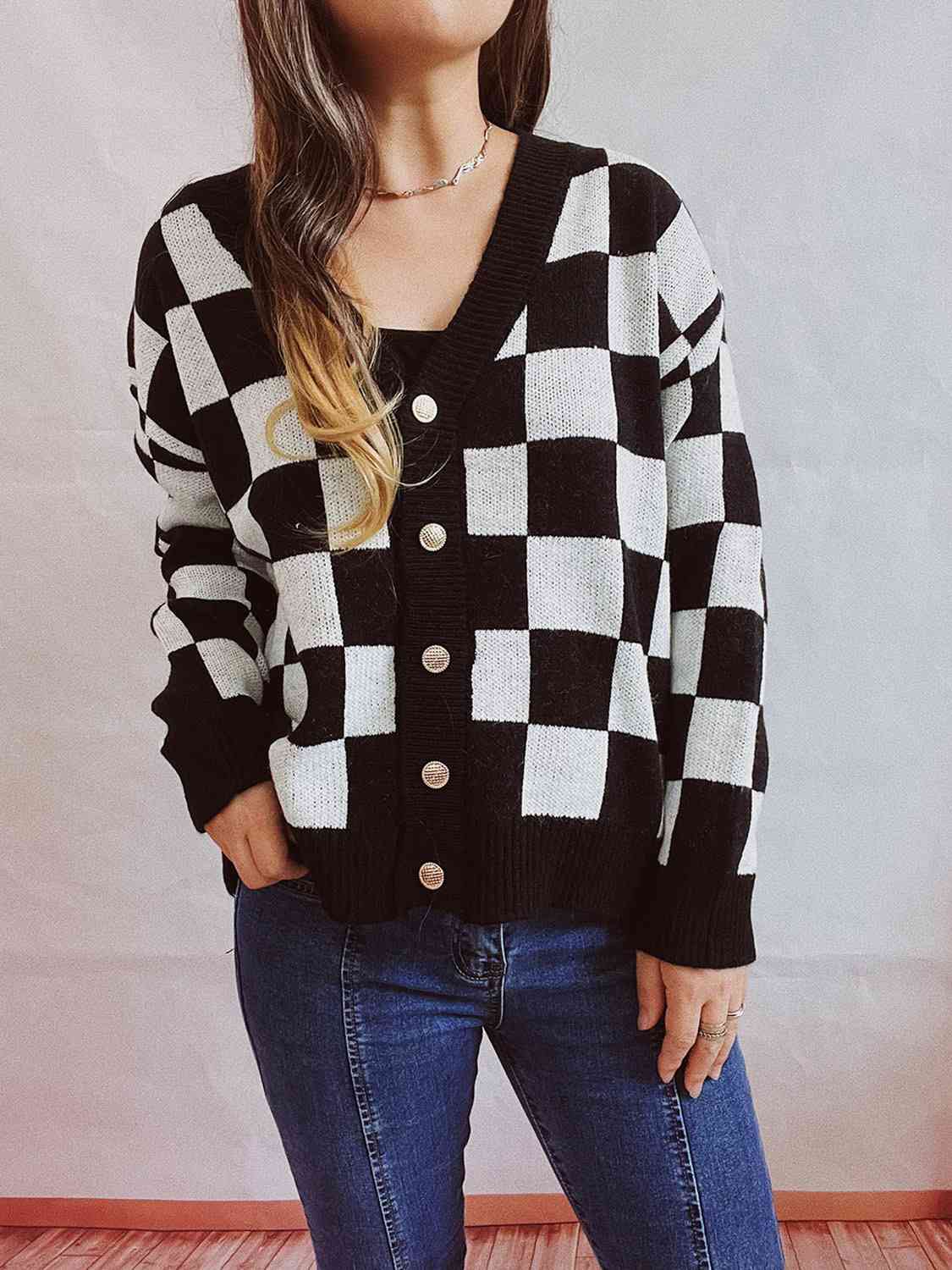 Checkered Open Front Button Up Cardigan Shop One Place