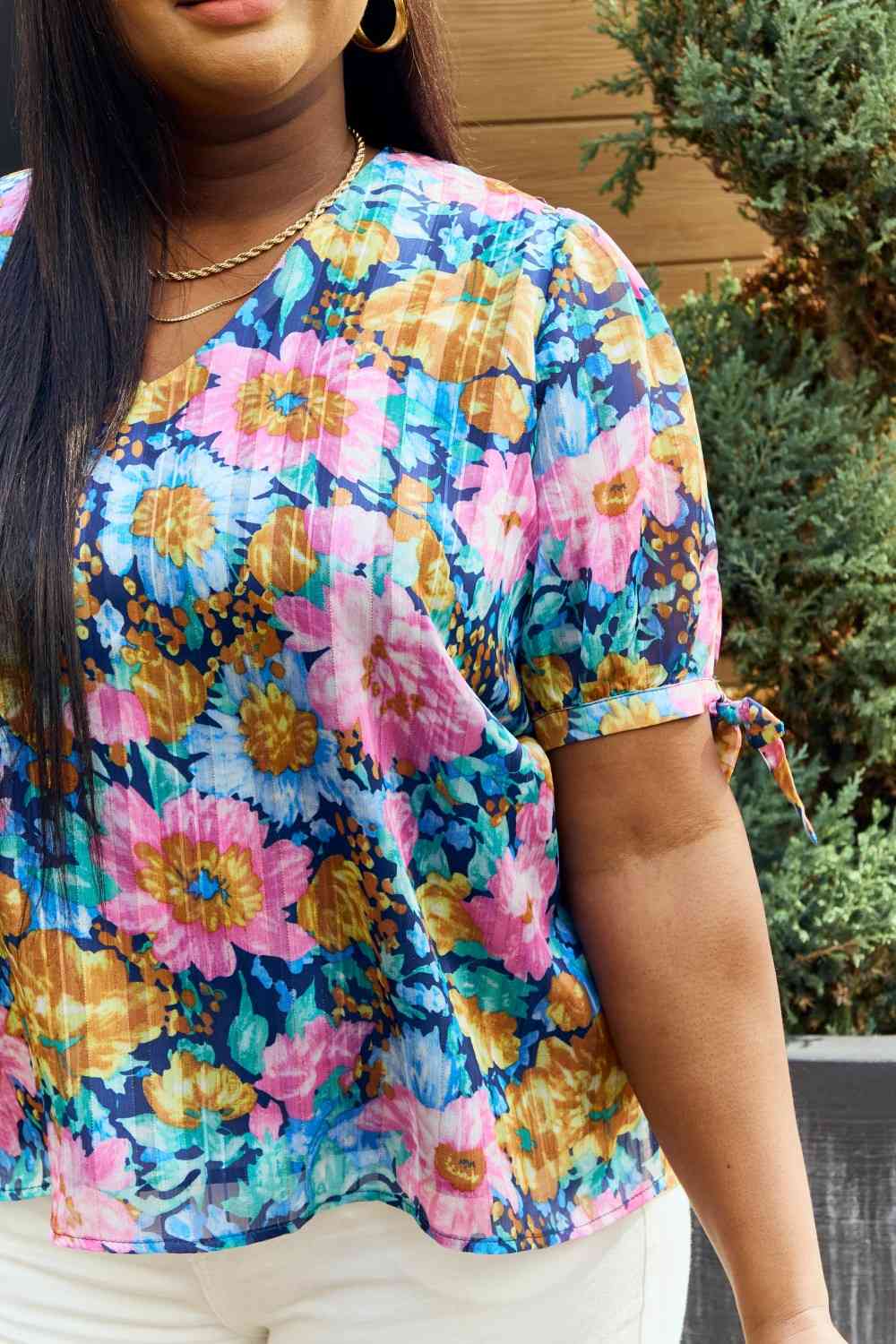 Petal Dew Full Size Floral V-Neck Tie Detail Blouse Shop One Place