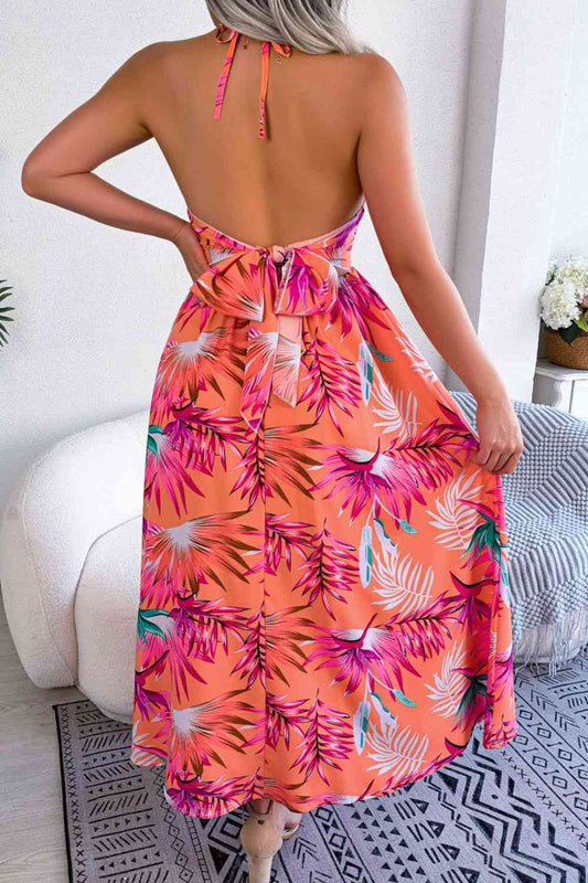 Botanical Print Tied Backless Cutout Slit Dress Shop One Place