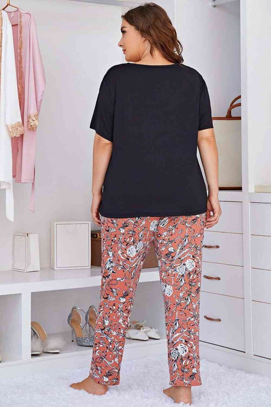 Plus Size Contrast Round Neck Tee and Floral Pants Lounge Set Shop One Place