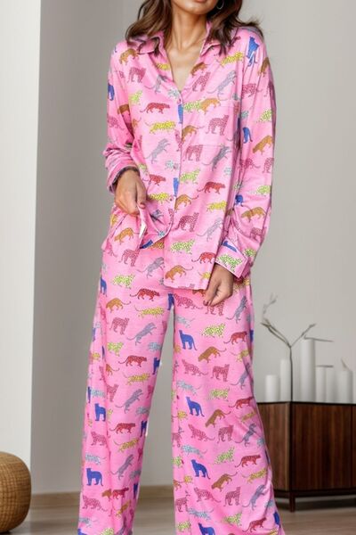 Pocketed Printed Top and Pants Lounge Set Shop One Place