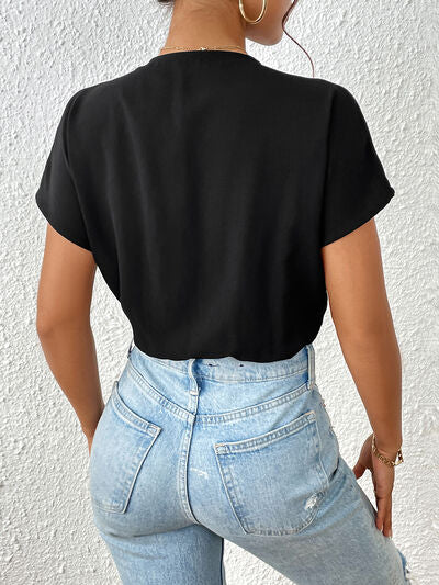 Surplice Short Sleeve Ruched Bodysuit Shop One Place