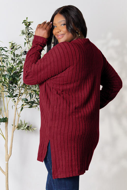 Basic Bae Full Size Ribbed Round Neck Long Sleeve Slit Top Shop One Place