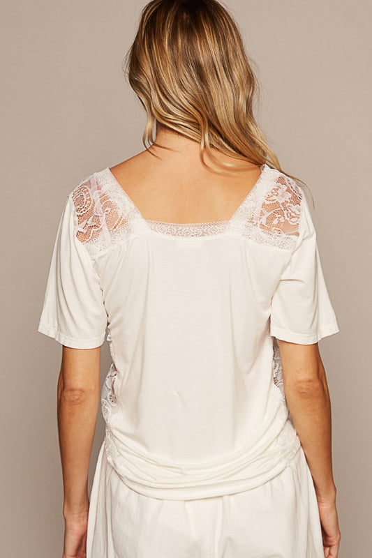POL V-Neck Short Sleeve Lace Trim Top Shop One Place