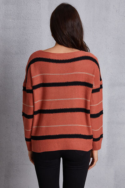 Striped Round Neck Dropped Shoulder Sweater Shop One Place