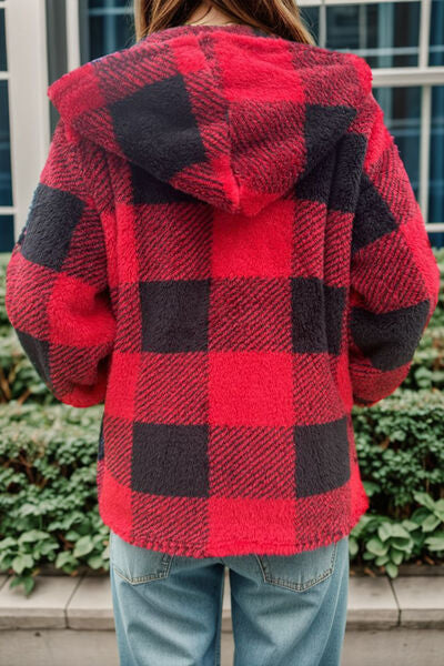 Double Take Full Size Plaid Long Sleeve Hooded Coat Shop One Place