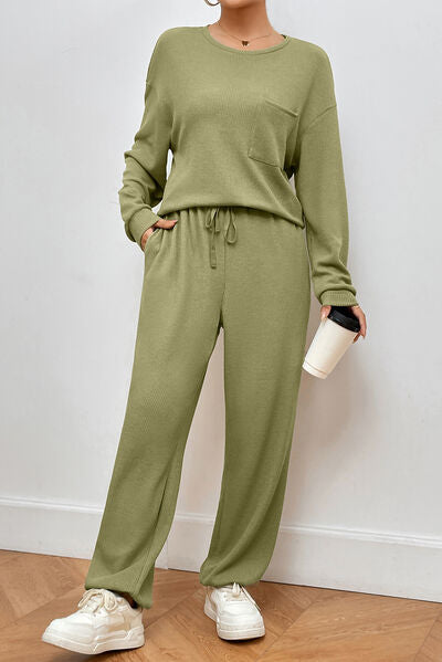 Pocketed Round Neck Top and Pants Lounge Set Shop One Place
