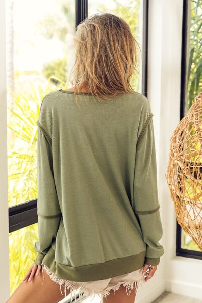 BiBi Waffle Knit Contrast Trim Long Sleeve T-Shirt Shop One Place