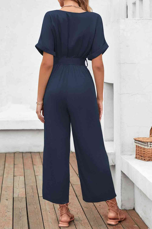 Tie Waist Surplice Wide Leg Jumpsuit Shop One Place