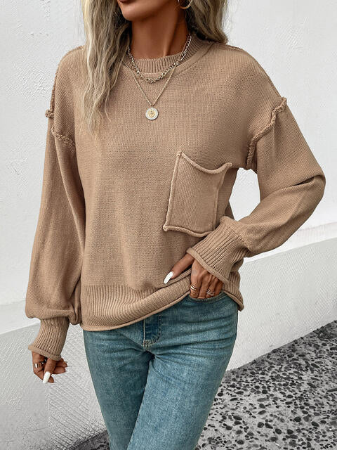 Exposed Seam Round Neck Sweater Shop One Place
