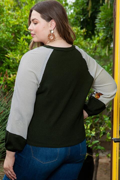 Plus Size Floral Waffle-Knit Round Neck Blouse Shop One Place