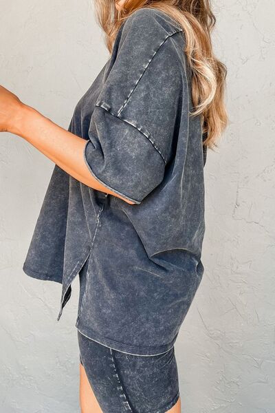 V-Neck Dropped Shoulder Top and Shorts Set Shop One Place