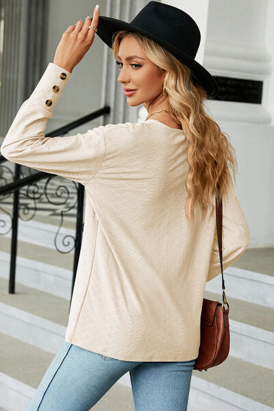 Decorative button V-Neck Lantern Sleeve T-Shirt Shop One Place