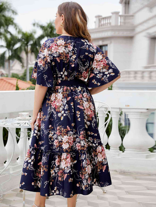 Plus Size Floral Surplice Neck Midi Dress Shop One Place