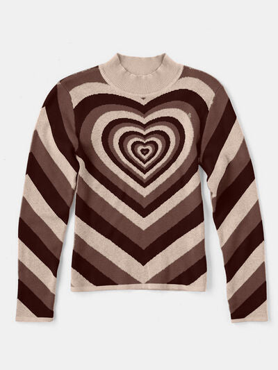 Heart Mock Neck Long Sleeve Sweater Shop One Place