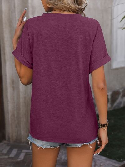 Notched Buttoned Short Sleeve T-Shirt Shop One Place