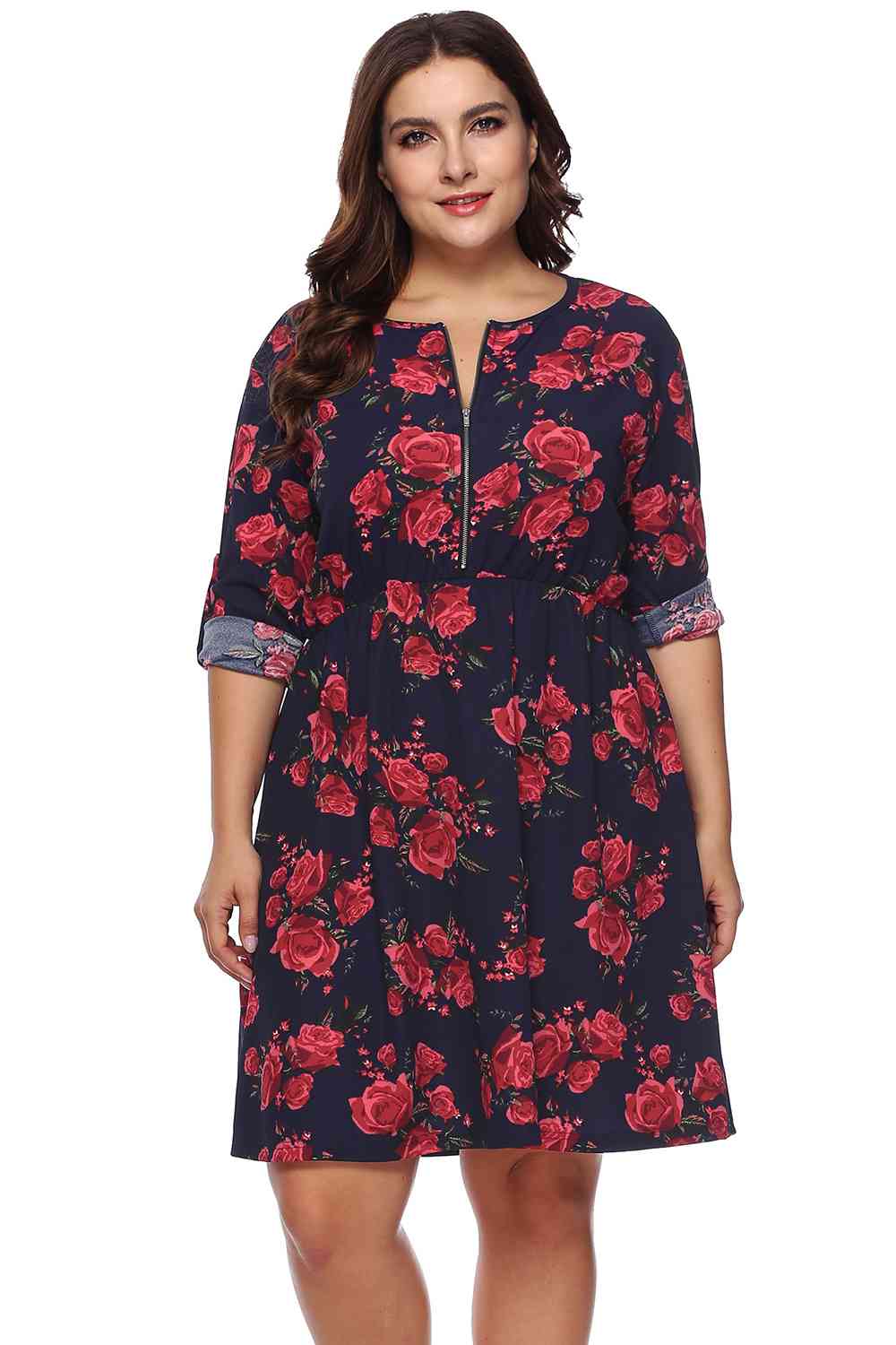 Plus Size Floral Print Half Zip Up Dress Shop One Place