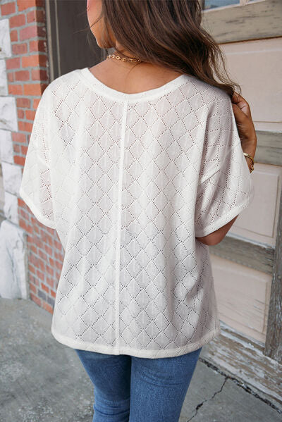 Eyelet V-Neck Dropped Shoulder T-Shirt Shop One Place