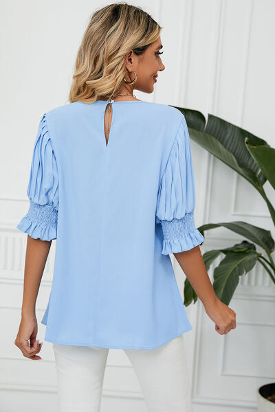 Frill Round Neck Lantern Sleeve T-Shirt Shop One Place