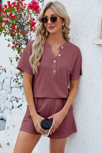 Notched Button Detail Dropped Shoulder Top and Shorts Set Shop One Place