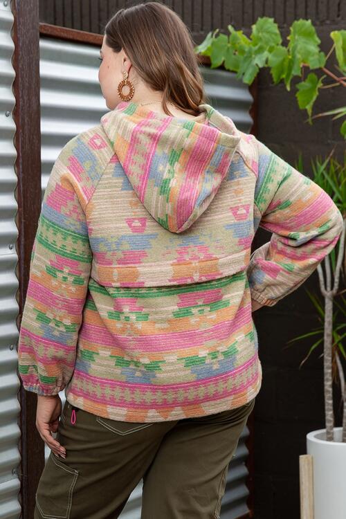 Plus Size Geometric Drawstring Half Zip Hoodie with Pocket Shop One Place