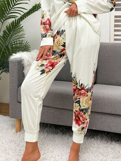 Printed Round Neck Top and Drawstring Pants Lounge Set Shop One Place