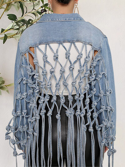 Tie Detail Button Up Denim Jacket with Pockets Shop One Place