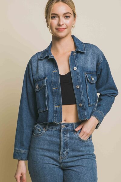 LOVE TREE Raw Hem Button Up Cropped Denim Jacket Shop One Place