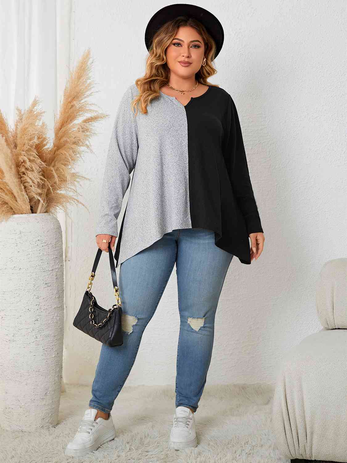 Plus Size Contrast Notched Neck T-Shirt Shop One Place