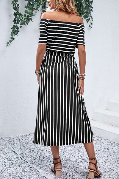 Slit Off-Shoulder Tie-Waist Midi Dress Shop One Place
