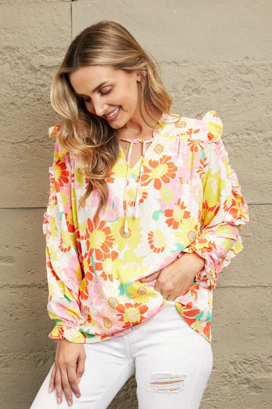 Double Take Floral Tie Neck Ruffled Blouse