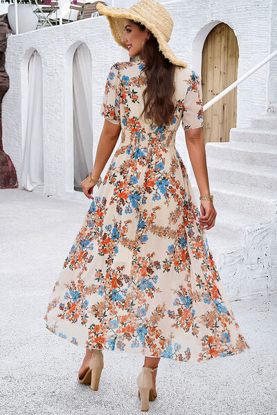 Smocked Floral V-Neck Short Sleeve Dress Shop One Place