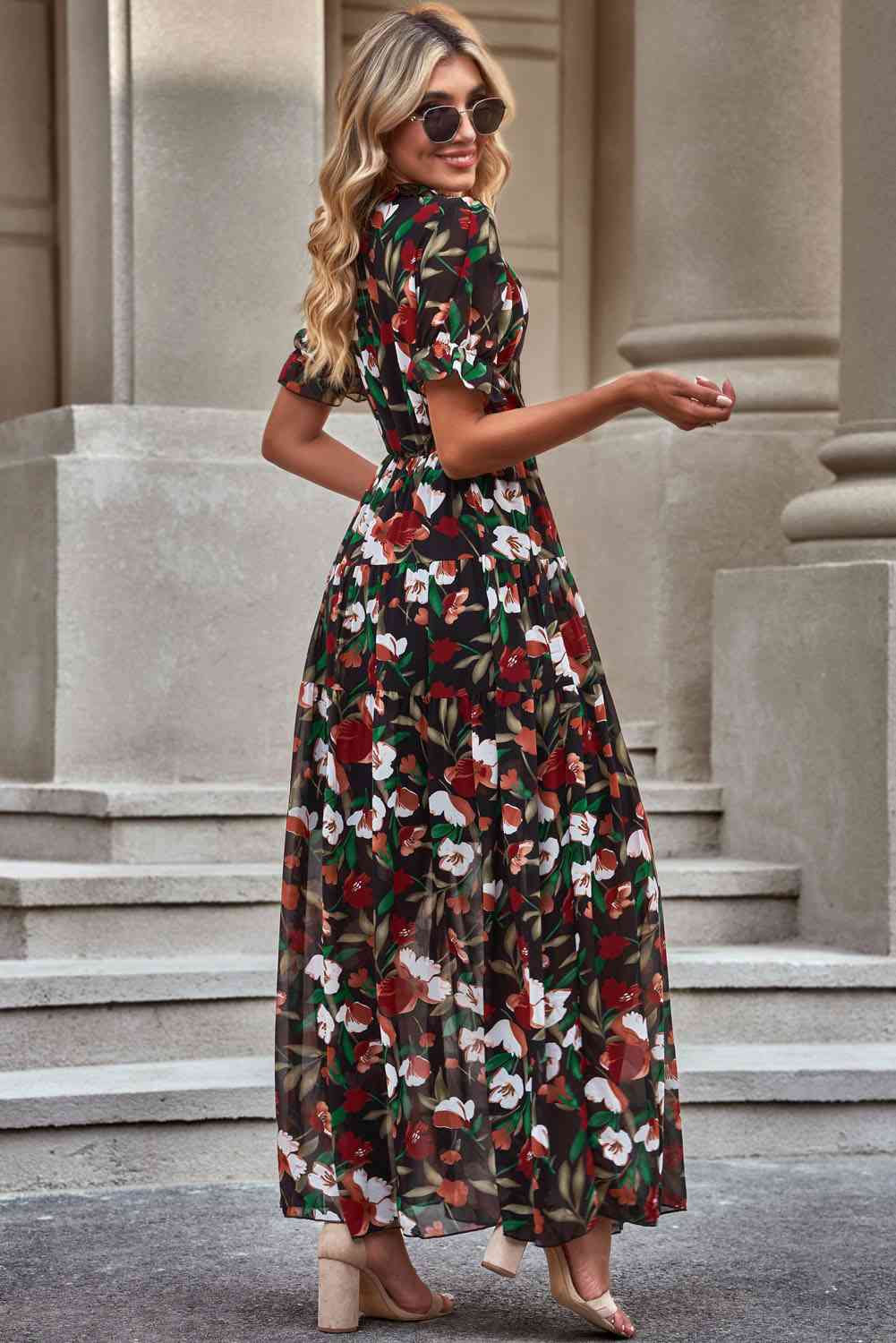 Floral V-Neck Short Flounce Sleeve Dress Shop One Place