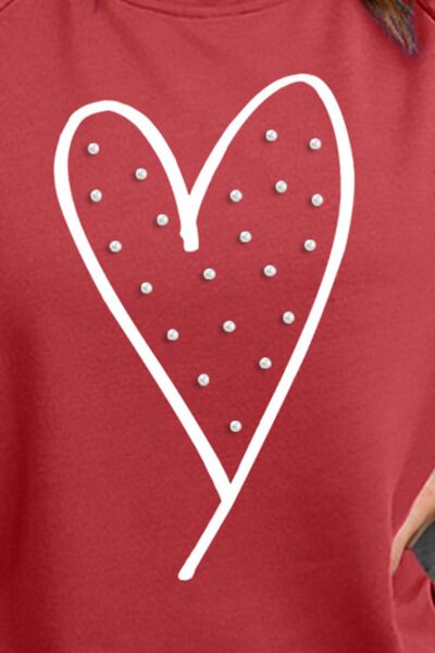 Heart Pearl Detail Round Neck Sweatshirt Shop One Place