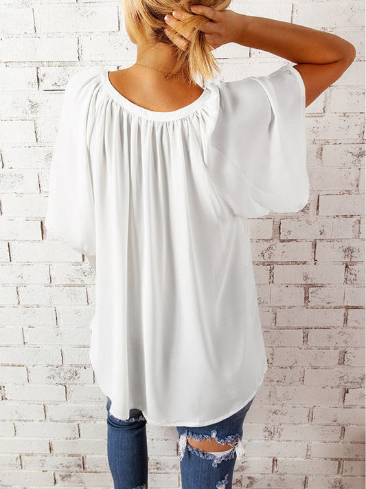 Ruched Notched Half Sleeve Blouse Shop One Place
