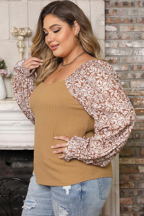 Plus Size Floral Square Neck Flounce Sleeve Blouse Shop One Place
