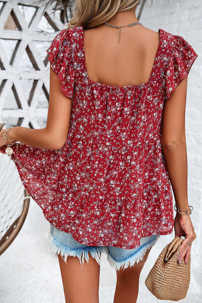 Printed Square Neck Cap Sleeve Blouse Shop One Place