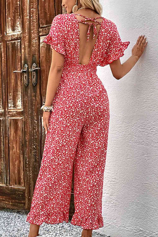 Printed Tie Back Ruffled Jumpsuit Shop One Place