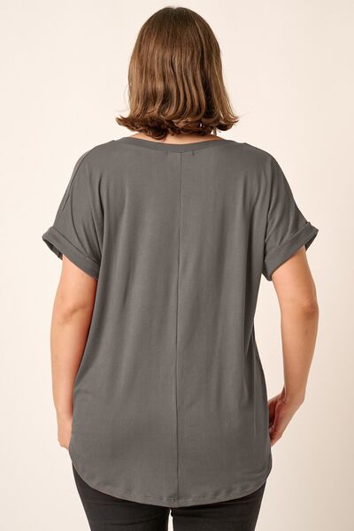 Mittoshop Full Size V-Neck Rolled Short Sleeve T-Shirt Shop One Place