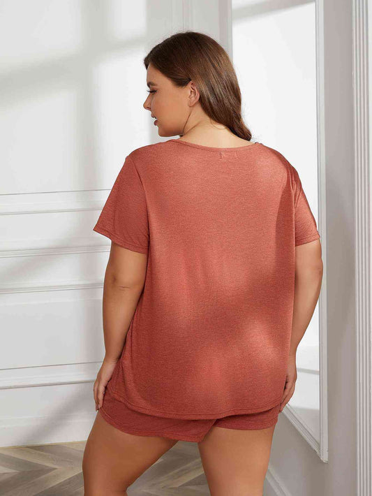 Plus Size Round Neck Short Sleeve Two-Piece Loungewear Set Shop One Place