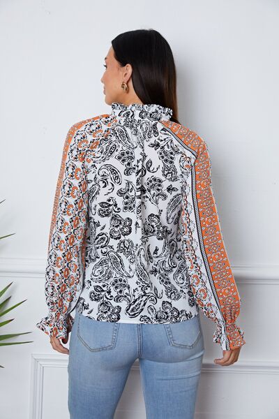 Tassel Tie Neck Printed Smocked Long Sleeve Blouse Shop One Place