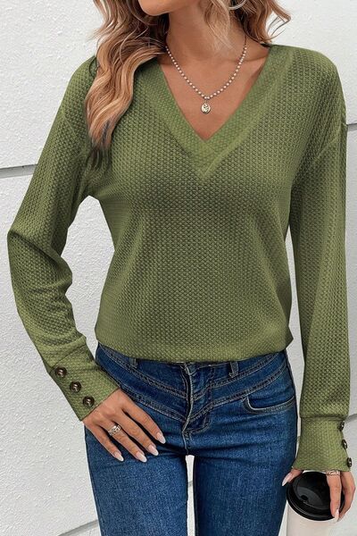 Decorative Button V-Neck Long Sleeve T-Shirt Shop One Place